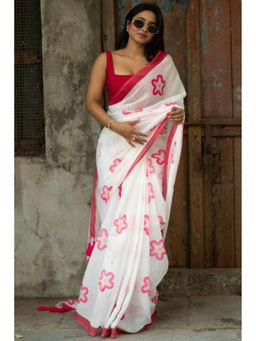 SGF11 - White Women's Cotton Linen Soft Silk Saree with Unstitched Blouse