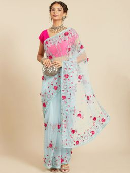 Odette - Turquoise Blue Net Embroidered Saree with Unstitched Blouse