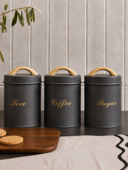 Aarvi Decor - Metal Tea Coffee and Sugar Containers with Handle Lid - Grey