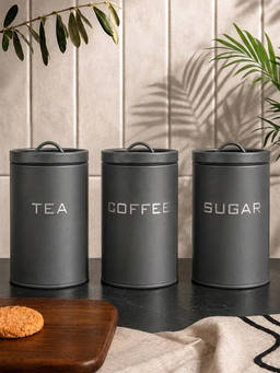 Aarvi Decor - Metal Tea Coffee and Sugar Container with Handle Lids - Grey