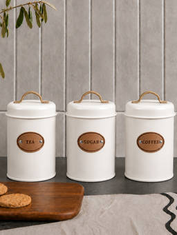 Aarvi Decor - Metal Tea Coffee Sugar Storage Container with Lid - White