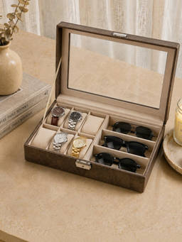 Aarvi Decor - Faux Leather 6 Watch and 3 Sunglasses Storage Box with Glass Lid - Beige