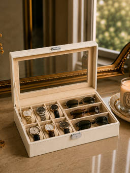 Aarvi Decor - Faux Leather 6 Watch and 3 Sunglasses Storage Box with Glass Lid - Cream