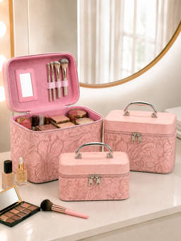 Aarvi Decor - embossed floral Faux Leather Vanity Box Set Cosmetic Organizer - Pink