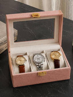 Aarvi Decor - Faux Leather 3 slot Watch Organizer with Cushions and Glass Lid - Pink
