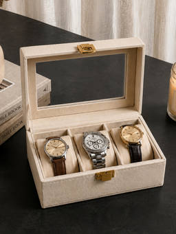 Aarvi Decor - Faux Leather 3 slot Watch Organizer with Cushions and Glass Lid - Off-White
