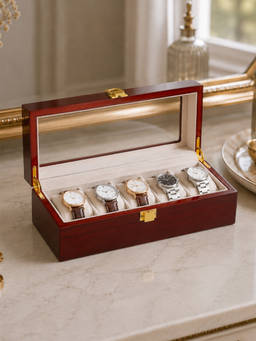 Aarvi Decor - Luxury Red Wooden 5 Slot Watch Storage Organizer with Glass Lid