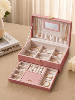 Aarvi Decor - textured Faux Leather Jewellery Box Organizer with Mirror Lock and Key - Pink