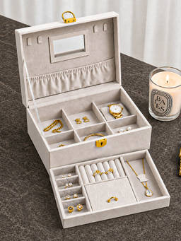 Aarvi Decor - textured Faux Leather Jewellery Box Organizer with Mirror Lock and Key - White