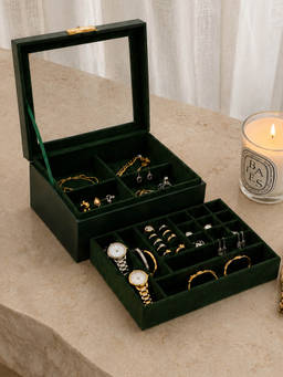 Aarvi Decor - Faux Leather Jewelry Box Organizer with Glass Lid Removable Tray - Green