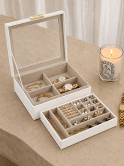 Aarvi Decor - Faux Leather Jewelry Box Organizer with Glass Lid Removable Tray - White
