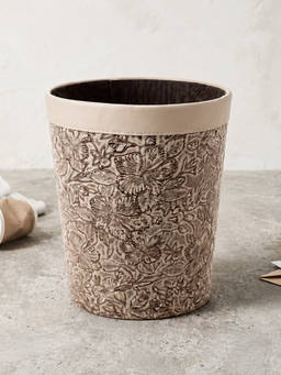 Aarvi Decor - Faux Leather Embossed Floral Leatherette Decorative Dustbin - Beige
