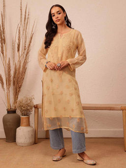 ADA - Embroidered Beige Faux Georgette Lucknow Chikankari Kurta with Slip (Set of 2) (XS) (A130702)