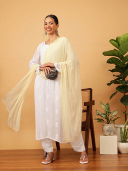 ADA - Hand Embroidered Lucknowi Beige Chiffon Dupatta with Mukaish Work [A511178]