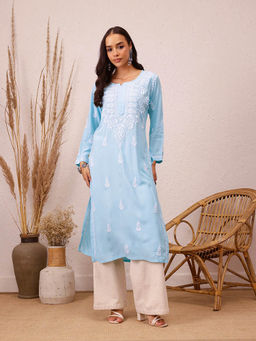 ADA - Hand Embroidered Ethnic Motifs Lucknowi Chikankari Sky Blue Rayon Kurta