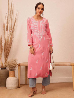 ADA - Hand Embroidered Lucknowi Chikankari Ethnic Motifs Peach Rayon Kurta