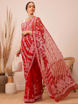 ADA - Hand Embroidered Red Georgette Lucknow Chikan Saree- A311237 (A311237)