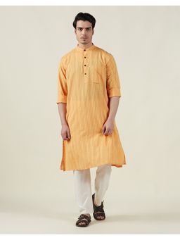Fabindia - Cotton Jamaal Stripe Comfort Fit Long Yellow Kurta