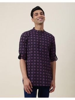 Fabindia - Cotton Printed Slim Fit Short Black Kurta