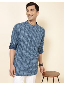Fabindia - Cotton Geometric Printed Slim Fit Short Blue Kurta