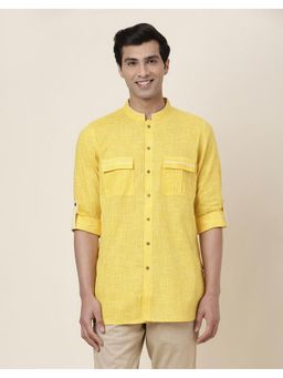Fabindia - Cotton Printed Slim Fit Short Yellow Kurta