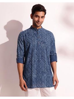 Fabindia - Cotton Slim Fit Dabu Printed Short Navy Blue Kurta