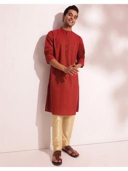 Fabindia - Cotton Blend Slim Fit Striped Long Red Kurta