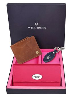 WILDHORN - Premium Leather Ladies Wallet, Mens Wallet and Keychain Gift -1K_RO_2052TAC_K (Set of 3)
