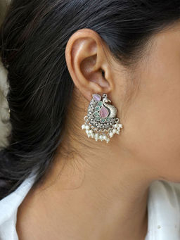 Teejh - Nirali Pink & White Silver Oxidised Earrings for Women
