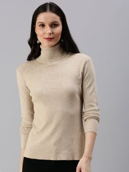 SHOWOFFFF - Women's Solid Fitted Beige High Neck Top
