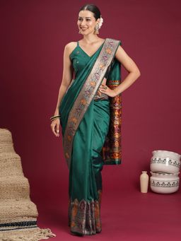 Sareemall - Women's Soft Silk Green Woven Design Designer Saree with Unstitched Blouse