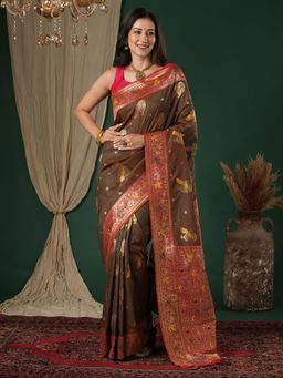 Sareemall - Women's Soft Silk Coffee Brown Woven Design Designer Saree with Unstitched Blouse