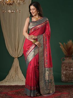 Sareemall - Women's Soft Silk Pink Woven Design Designer Saree with Unstitched Blouse