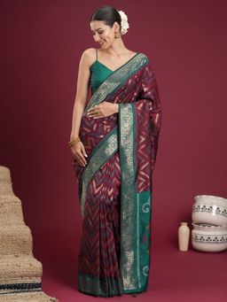 Sareemall - Women's Soft Silk Wine Woven Design Designer Saree with Unstitched Blouse