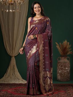 Sareemall - Women's Soft Silk Wine Woven Design Designer Saree with Unstitched Blouse