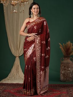 Sareemall - Women's Soft Silk Maroon Woven Design Designer Saree with Unstitched Blouse