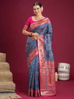 Sareemall - Women's Soft Silk Teal Blue Woven Design Designer Saree with Unstitched Blouse