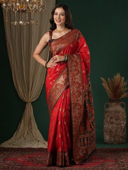 Sareemall - Women's Soft Silk Red Woven Design Designer Saree with Unstitched Blouse