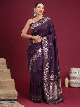 Sareemall - Women's Soft Silk Wine Woven Design Designer Saree with Unstitched Blouse
