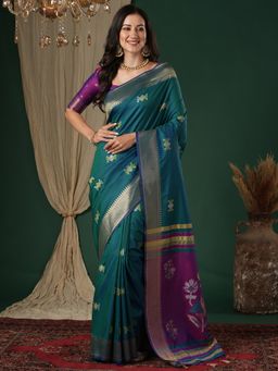 Sareemall - Women's Soft Silk Teal Green Woven Design Designer Saree with Unstitched Blouse