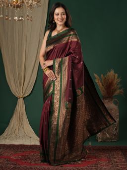 Sareemall - Women's Soft Silk Maroon Woven Design Designer Saree with Unstitched Blouse
