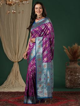 Sareemall - Women's Soft Silk Purple Woven Design Designer Saree with Unstitched Blouse