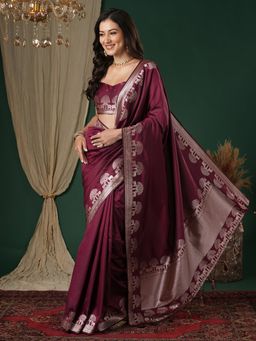 Sareemall - Women's Soft Silk Wine Woven Design Designer Saree with Unstitched Blouse