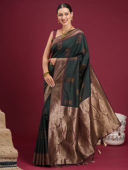 Sareemall - Women's Soft Silk Dark Green Woven Design Designer Saree with Unstitched Blouse