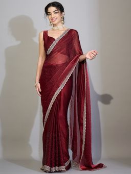 Sareemall - Women's Chiffon Maroon Zari Embroidered Designer Saree with Unstitched Blouse