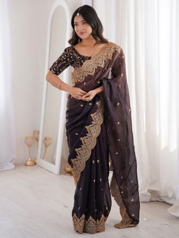 Sareemall - Women's Satin Coffee Brown Embellished Designer Saree with Unstitched Blouse