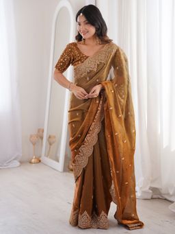 Sareemall - Women's Satin Gold Embellished Designer Saree with Unstitched Blouse