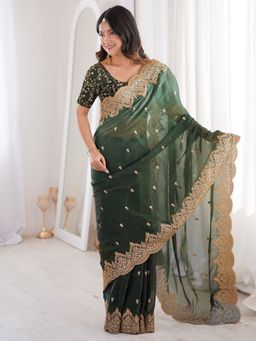 Sareemall - Women's Satin Green Embellished Designer Saree with Unstitched Blouse