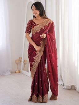 Sareemall - Women's Satin Maroon Embellished Designer Saree with Unstitched Blouse