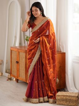 Sareemall - Women's Satin Orange Embellished Designer Saree with Unstitched Blouse